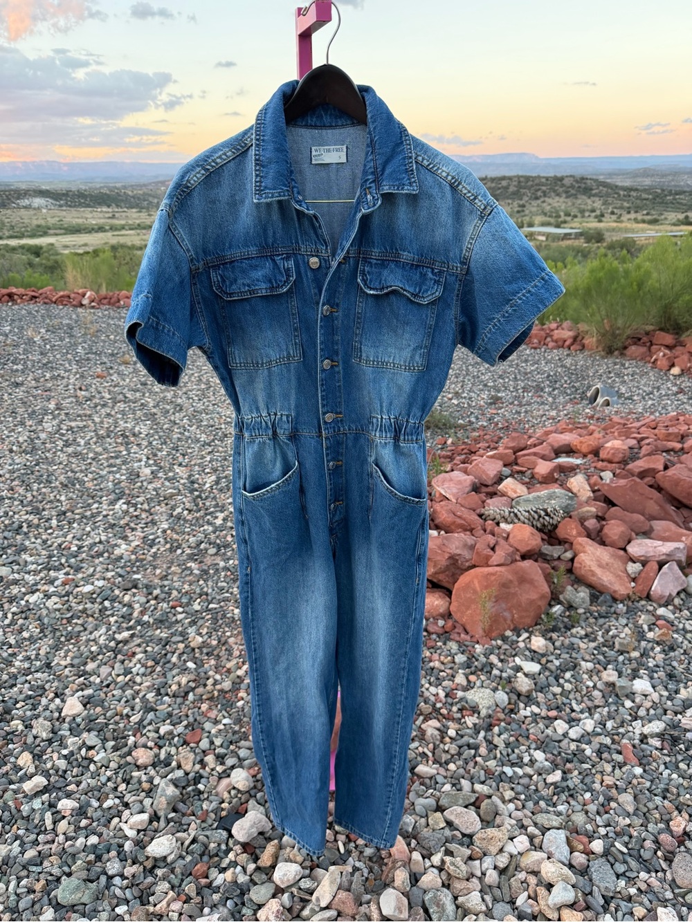 Free People We The Free Marci Denim Jumpsuit S Blue Utility Workwear 90s boho